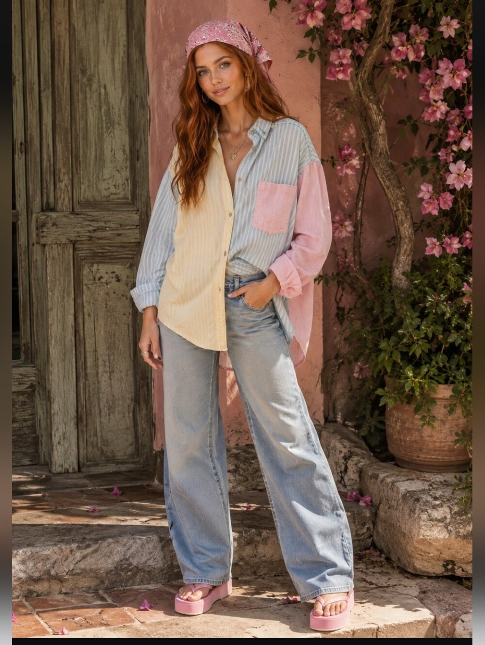 Free People Intimately Pastel Oversized Button Down Shirt; Pink, Blue & Yellow